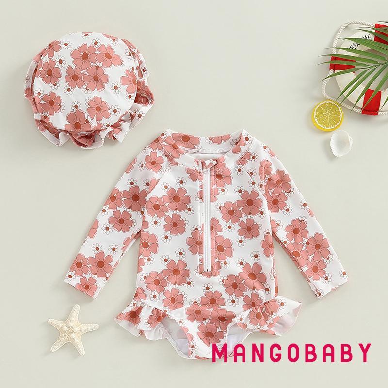Manga-Maiô Para Meninas , Comprida , Estampa Floral , Biquíni Com Zíper E Chapéu , Roupa De Banho Recém-Nascidos De Verã