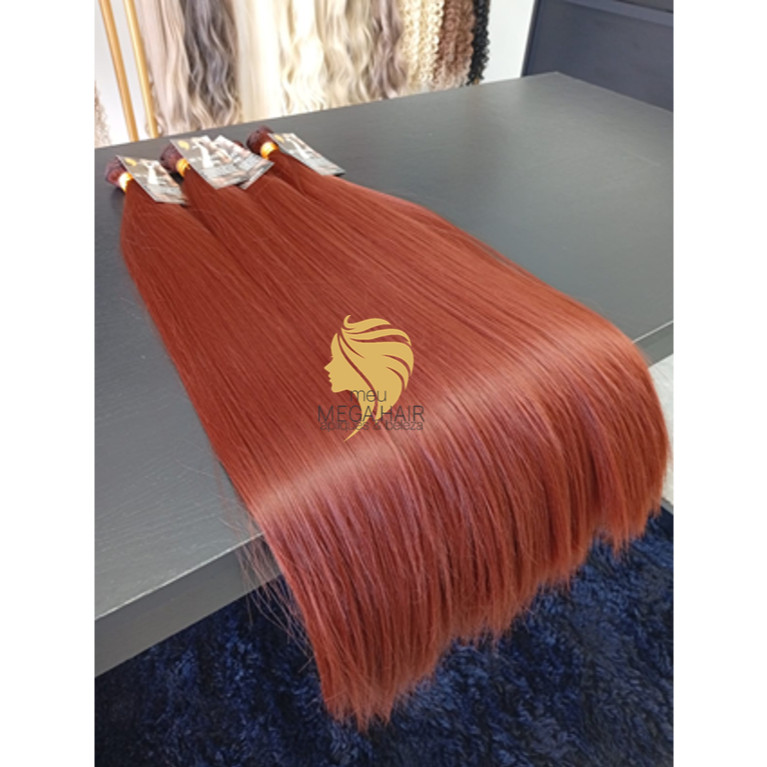 Aplique de Cabelo na Tela Mega Hair Natural Fibra Russa Liso Ruivo 60cm Premium Bella Hair