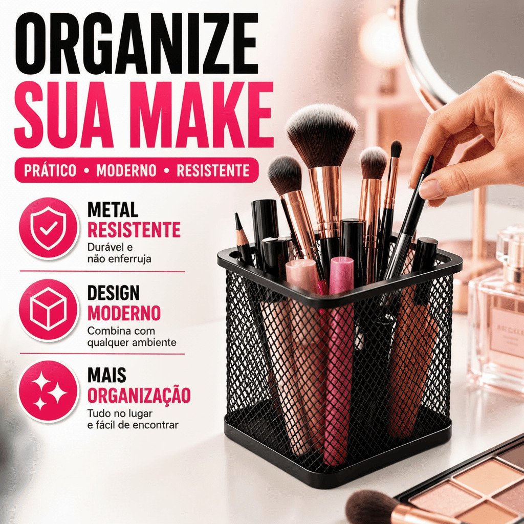 Porta Pincel Maquiagem Organizador Metal Penteadeira Bancada Batom Pincel Rosto Olho Beleza