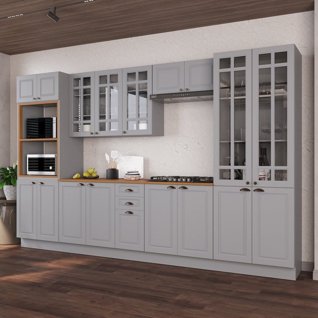 Cozinha Modulada 6 Peças Torre Quente Cristaleira 2 Balcão com Tampo e 2 Aéreos 100% MDF com Vidro e Rodapé Bari