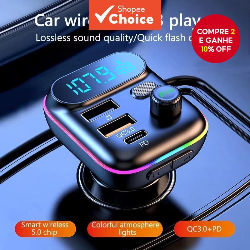 Transmissor FM Bluetooth 5.0 Para Carro-Carregador USB Duplo QC3.0 PD Tipo C Com Luz Ambiente E Reprodutor De MP3 Viva-V