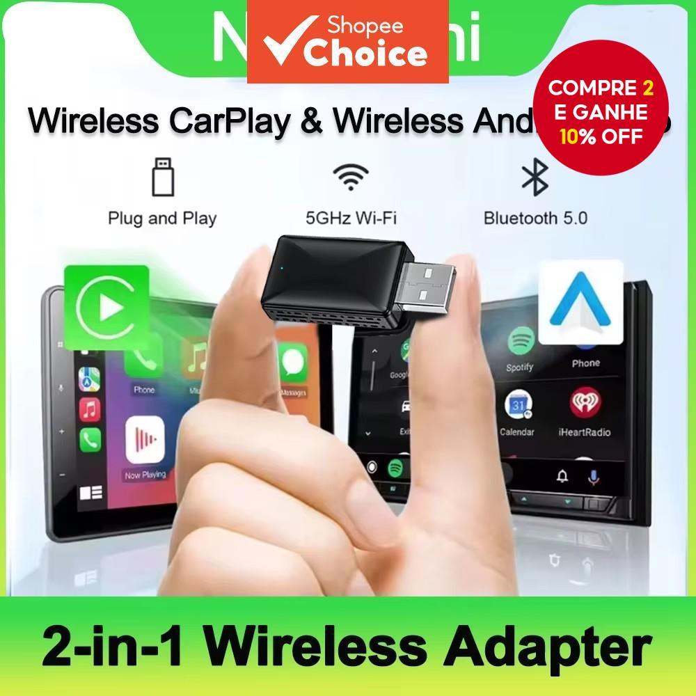 Adaptador sem fio 2 em 1 CarPlay e Android Auto, Plug & Play, converte CarPlay com fio para sem fio, conexão automática