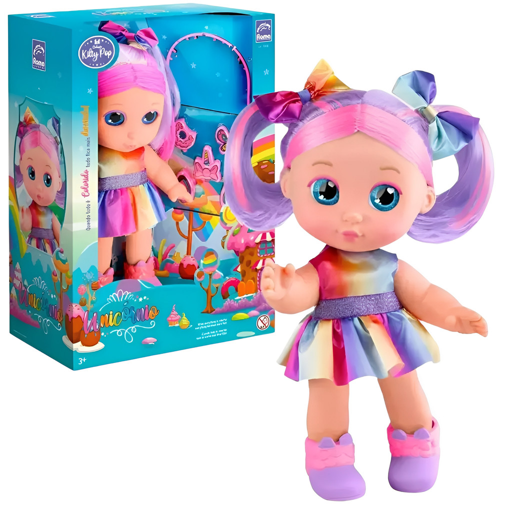 Boneca Princesa Unicornio Coleção Kilty Pop Acessórios Tiara e Vestido Coloridos