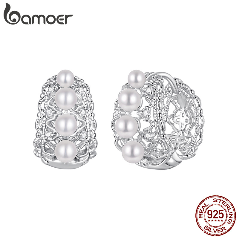 Bamoer Brinco Argola Renda Pérola Prata 925 Acessório Elegante Romântico para Lo