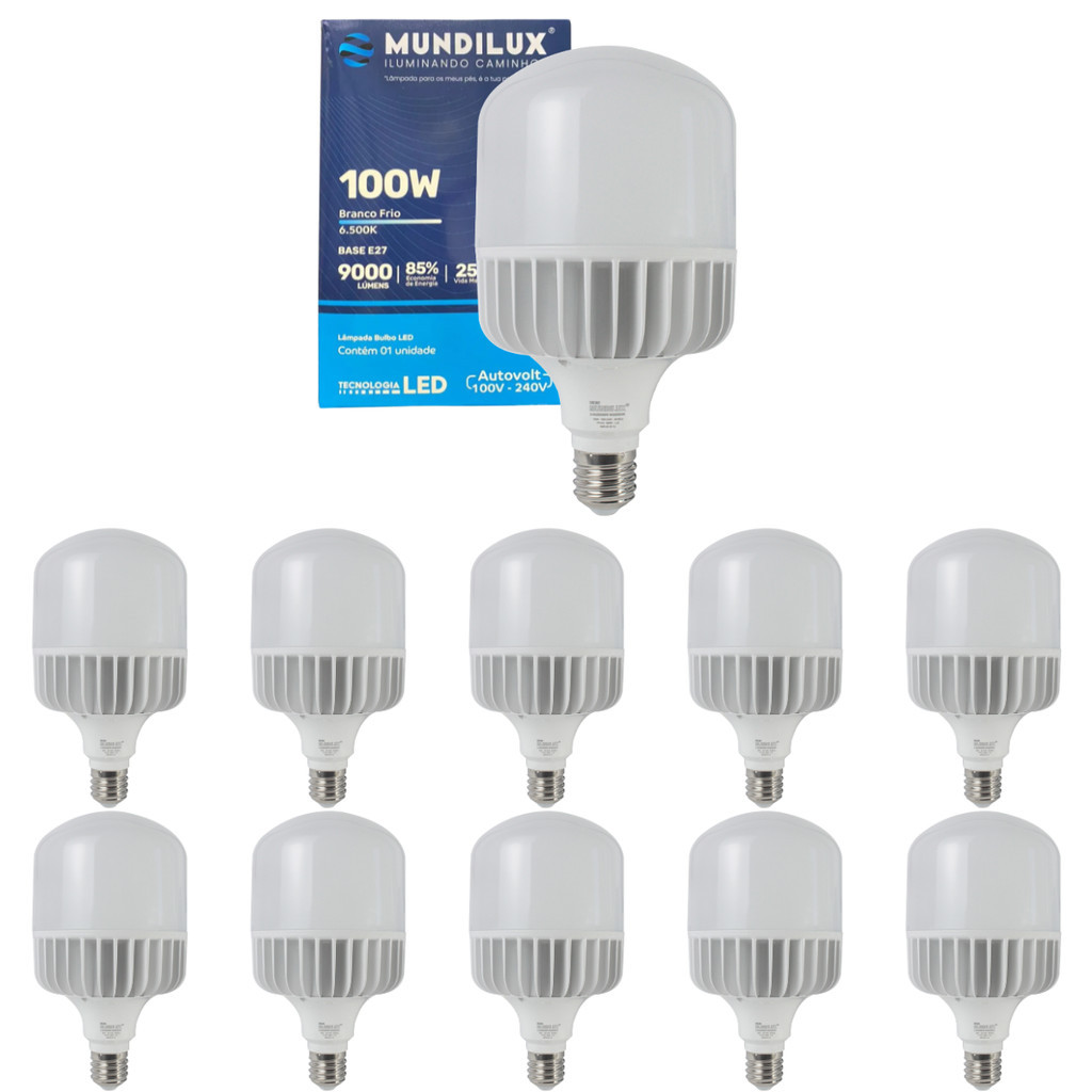 Kit 10 Lampada LED 100W Super Bulbo Bivolt E27 Luz Branca Alta Potencia Economica para Grandes Areas
