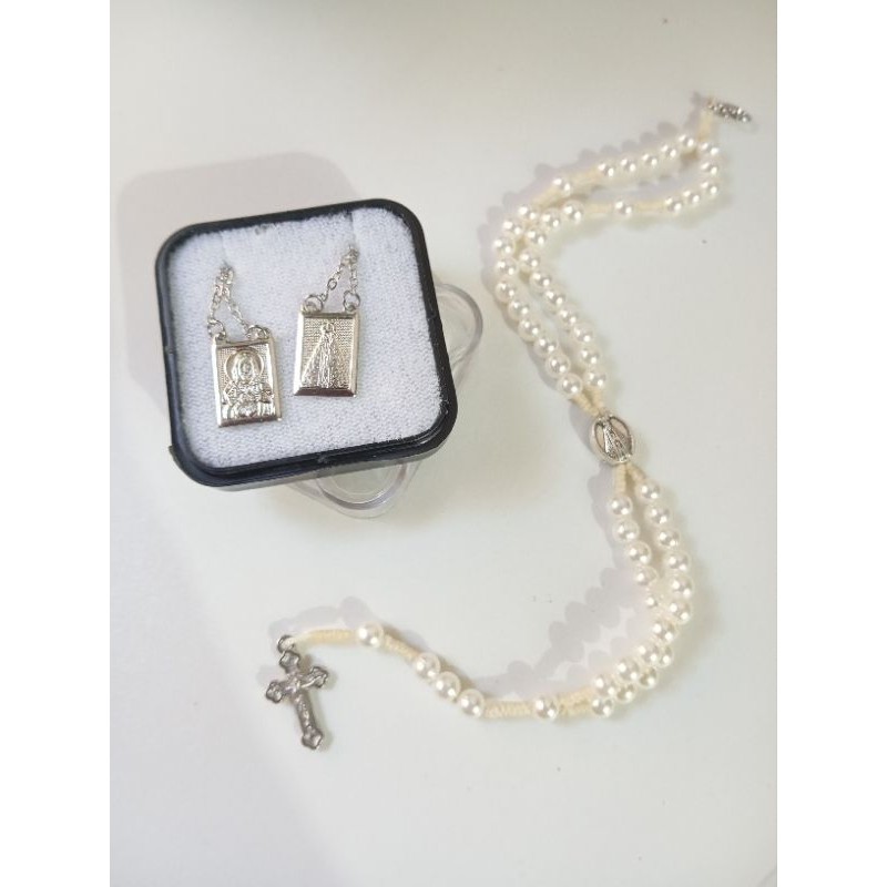 Kit 1 Escapulário Nossa Senhora Aparecida Aço Inox + 1 Terço de Pulso Perola NSA