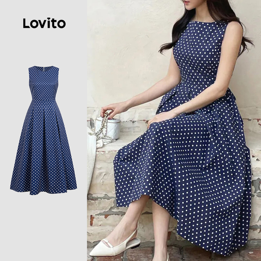 Lovito Vestido Elegante Plissado Primavera/verão Azul Marinho para Mulheres LBL31081 em Oferta na Shopee