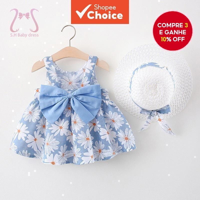 Novo Conjunto de Vestidos Margarida para Bebês Meninas - 2 Peças com Chapéu para Praia de Verão, Tamanho de 0 a 3 Anos.
