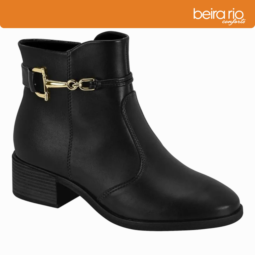 Bota Feminina Beira Rio Cano Curto Salto Bloco Detalhe Dourado Original