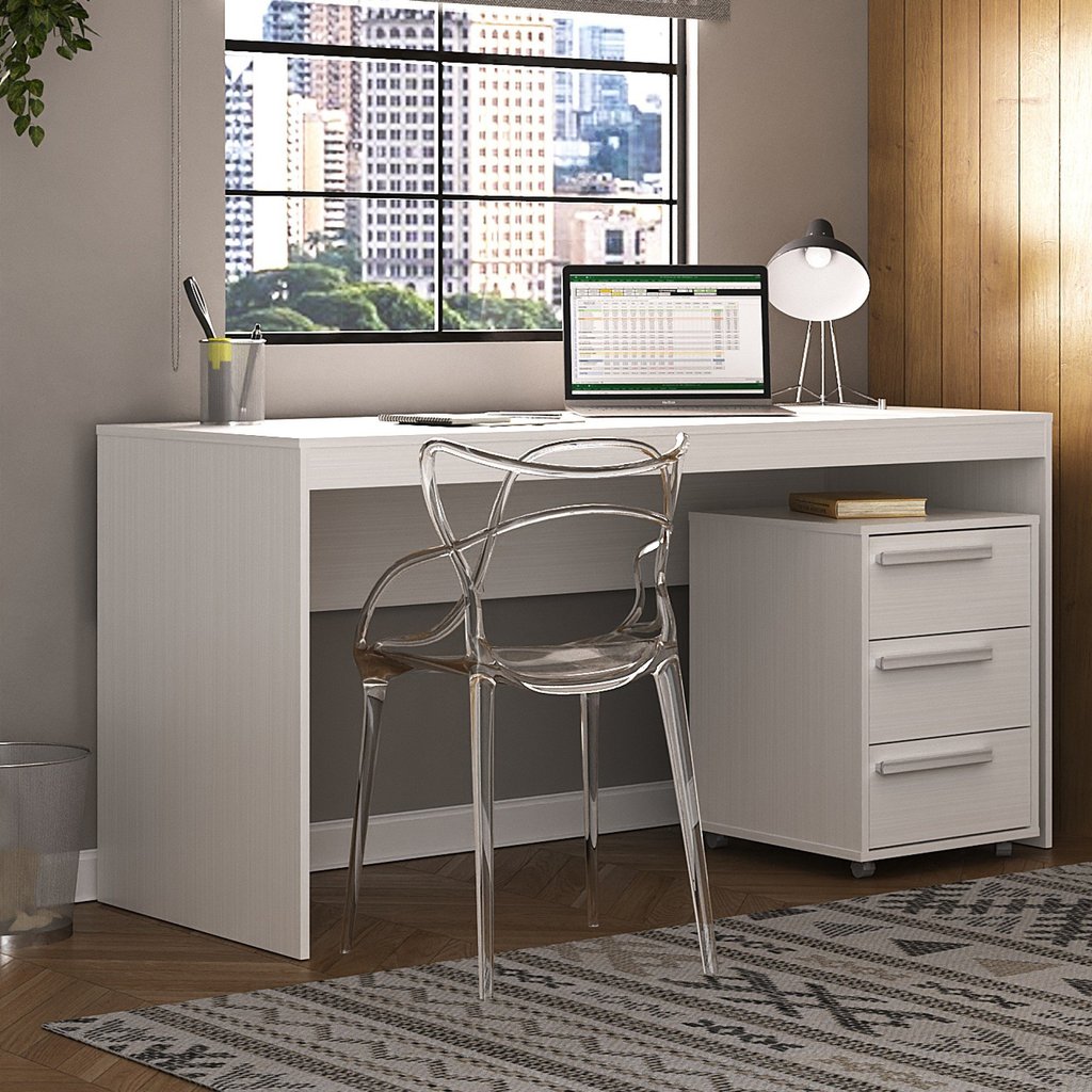 Escrivaninha Mesa Escritório com Gaveteiro Retangular Branco 3 Gavetas 150cm Diversas Cores Branco