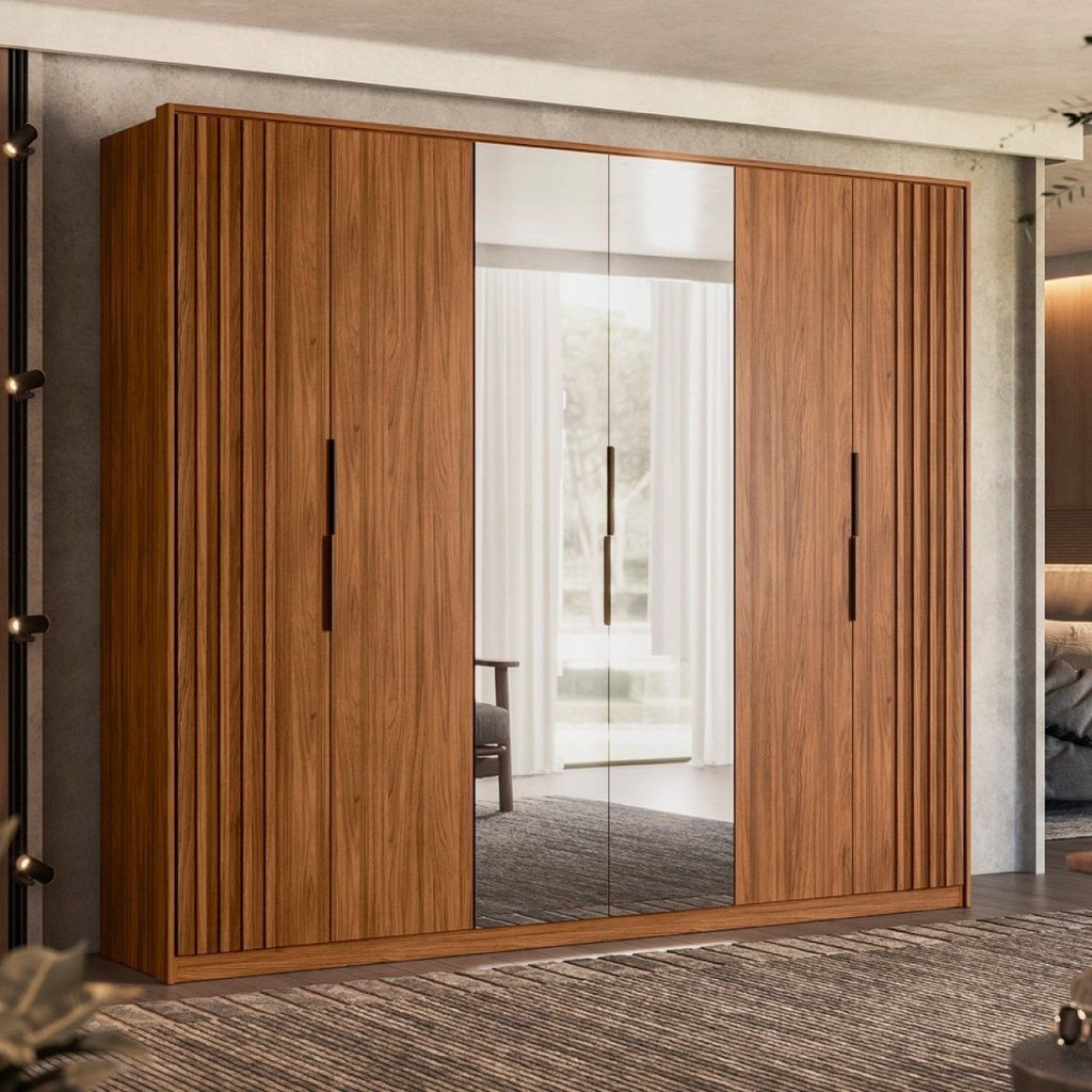 Guarda Roupa Casal Atrice 6 Portas com 2 Portas Ripado com 2 Portas em Espelho Nogueira