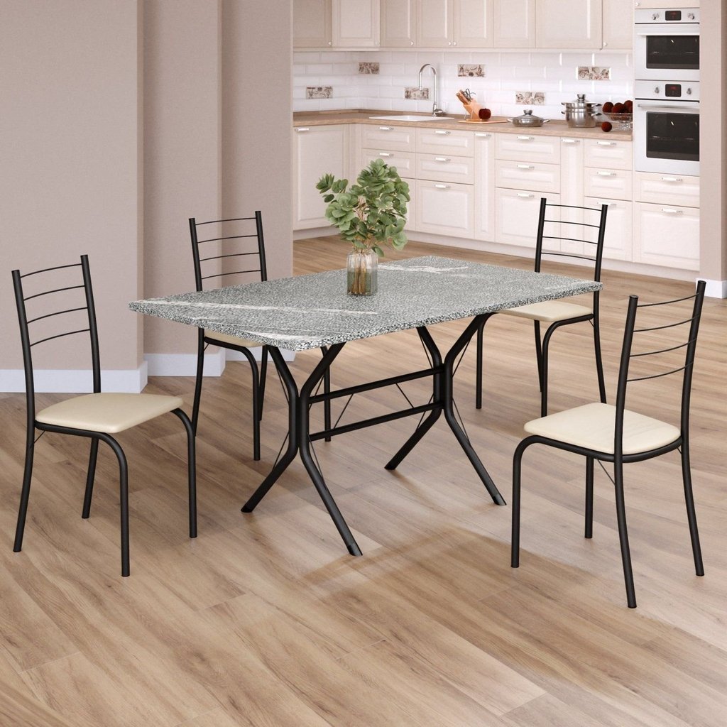 Conjunto Sala de Jantar Mesa Retangular 120x75cm Tampo Granito Topázio 4 Cadeiras Rio Preto/Creme/Fosco Creme/Preto