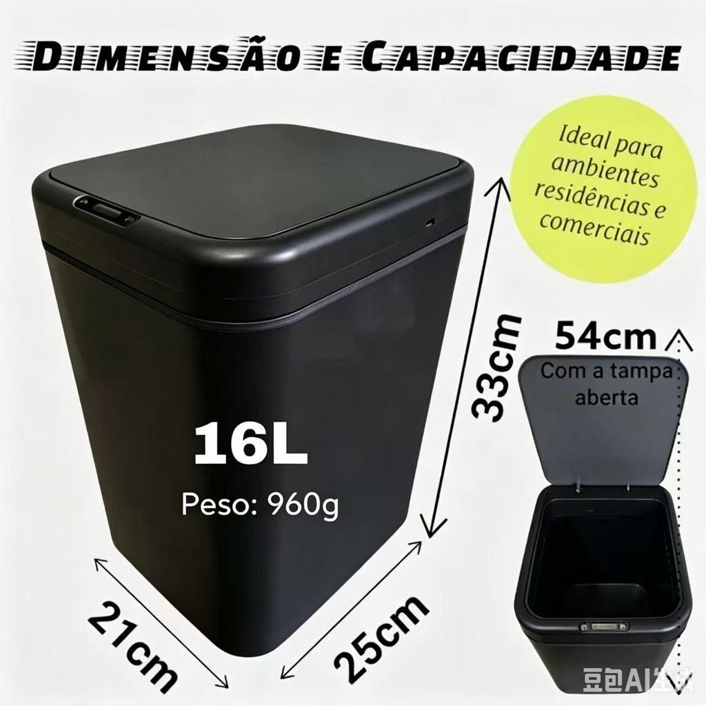 Lixeira automática de 16L/20L com sensor, cinza – à prova de odores, grande capacidade, estilo moderno