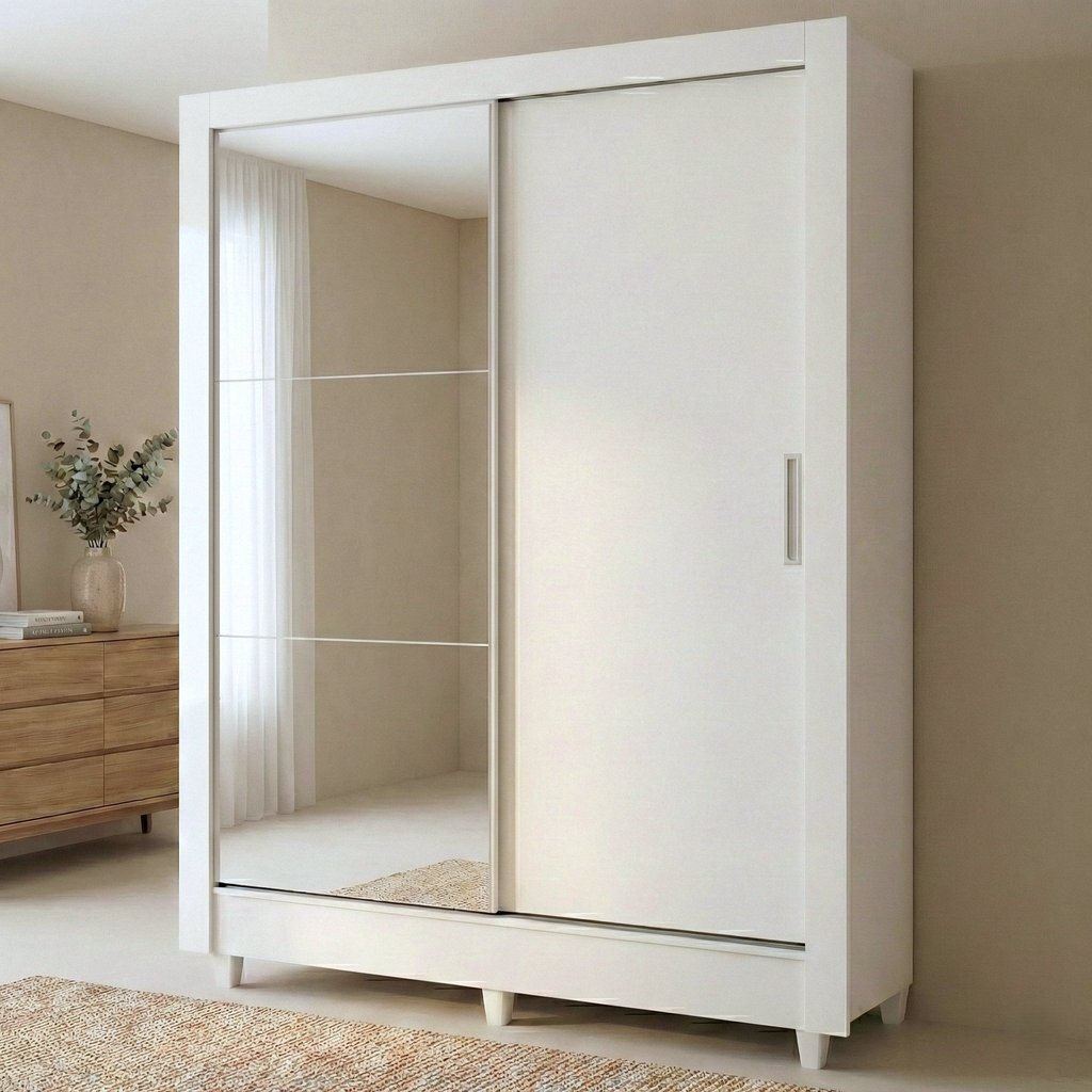Guarda Roupa Solteiro com Espelho 2 Portas de Correr Roma Branco 2 Portas