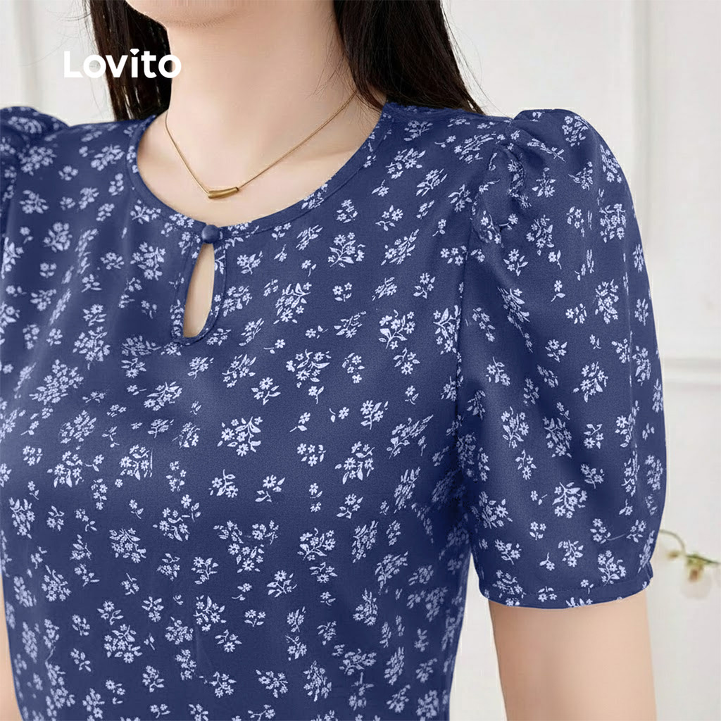 Lovito Casual Blusa com Recorte para Primavera/verão Blusa Feminina Azul Marinho L164ED130