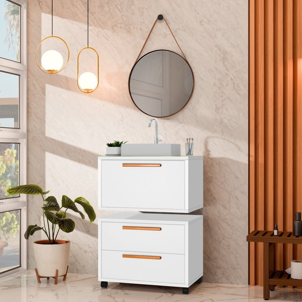 Conjunto Gabinete para Banheiro com Rodizio, Tampo de Vidro, Cuba de Sobrepor e Espelho Kyoto 60 Cm Branco
