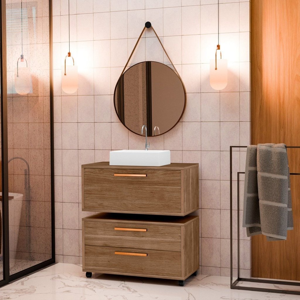 Conjunto Gabinete para Banheiro com Rodizio, com Cuba de Sobrepor e Espelho Kyoto 80 Cm Avelato