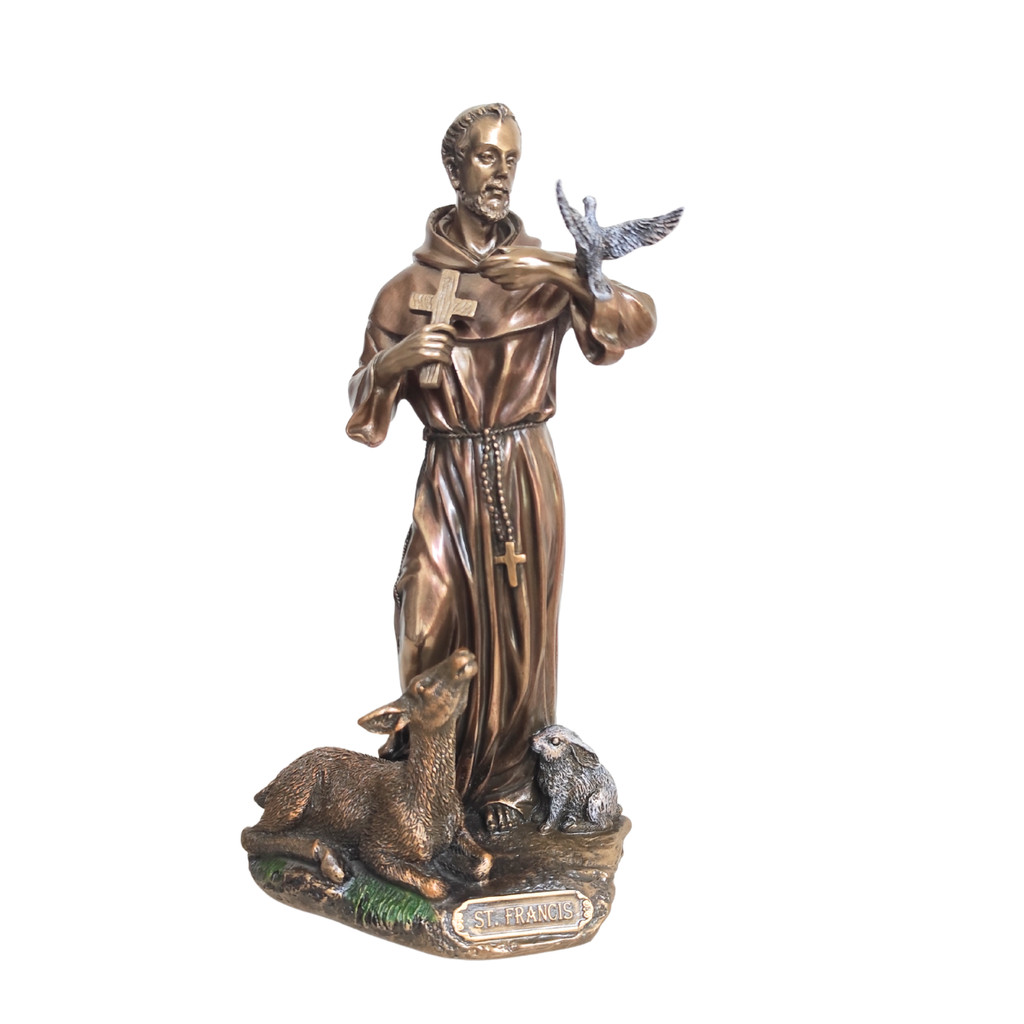 São Francisco de Assis 21cm Resina Cobre Imagem Sacra Decorativa Presente