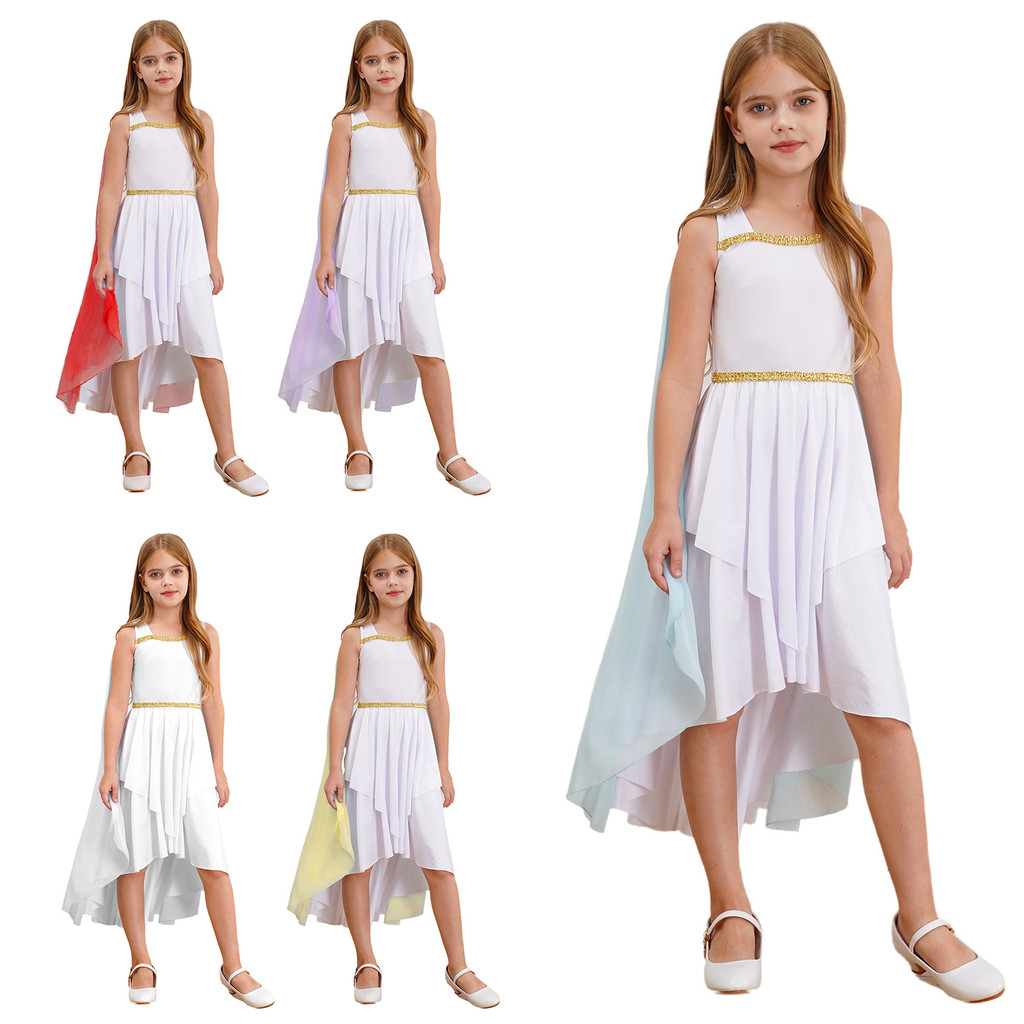 inhzoy Menina Halloween Antigo Grego Toga Traje Sem Mangas Xale Retalhos Vestido Fluido Roma Egito Princesa Cosplay