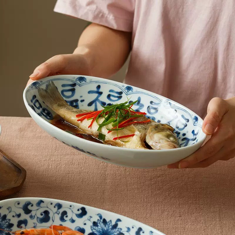 Lanlintang Prato de Peixe Importado Cerâmica Oval Placa Profunda Underglaze Prato Colorido Estilo Japonês Prato Doméstic