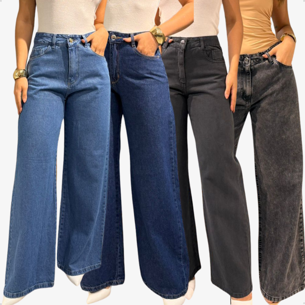 Calça Wide Leg Jeans Feminina Cintura Alta Premium Confortável Modelagem Perfeita em Oferta na Shopee