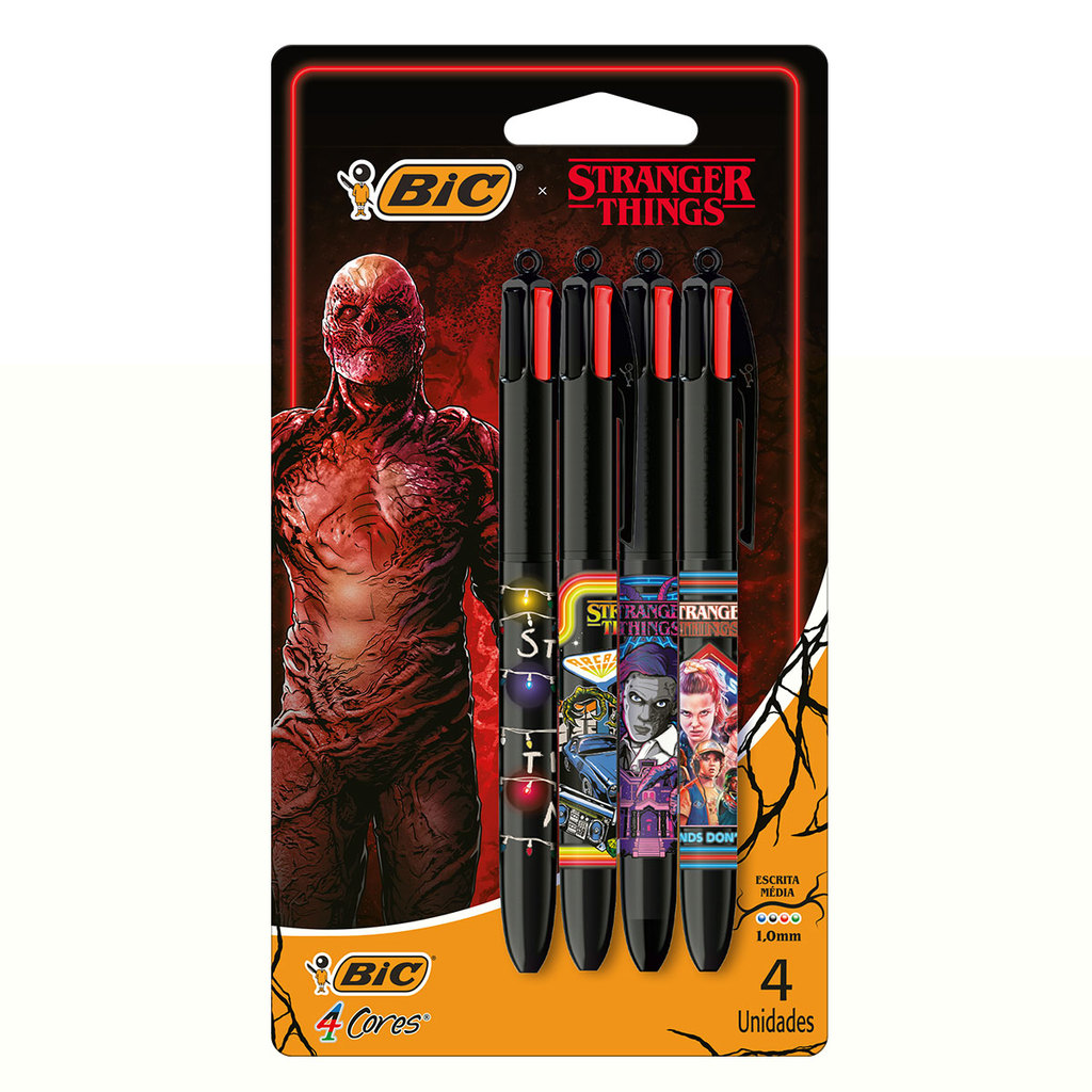 Caneta esferográfica 1.0 retrátil Stranger Things 4 cores com 4 unidades Bic