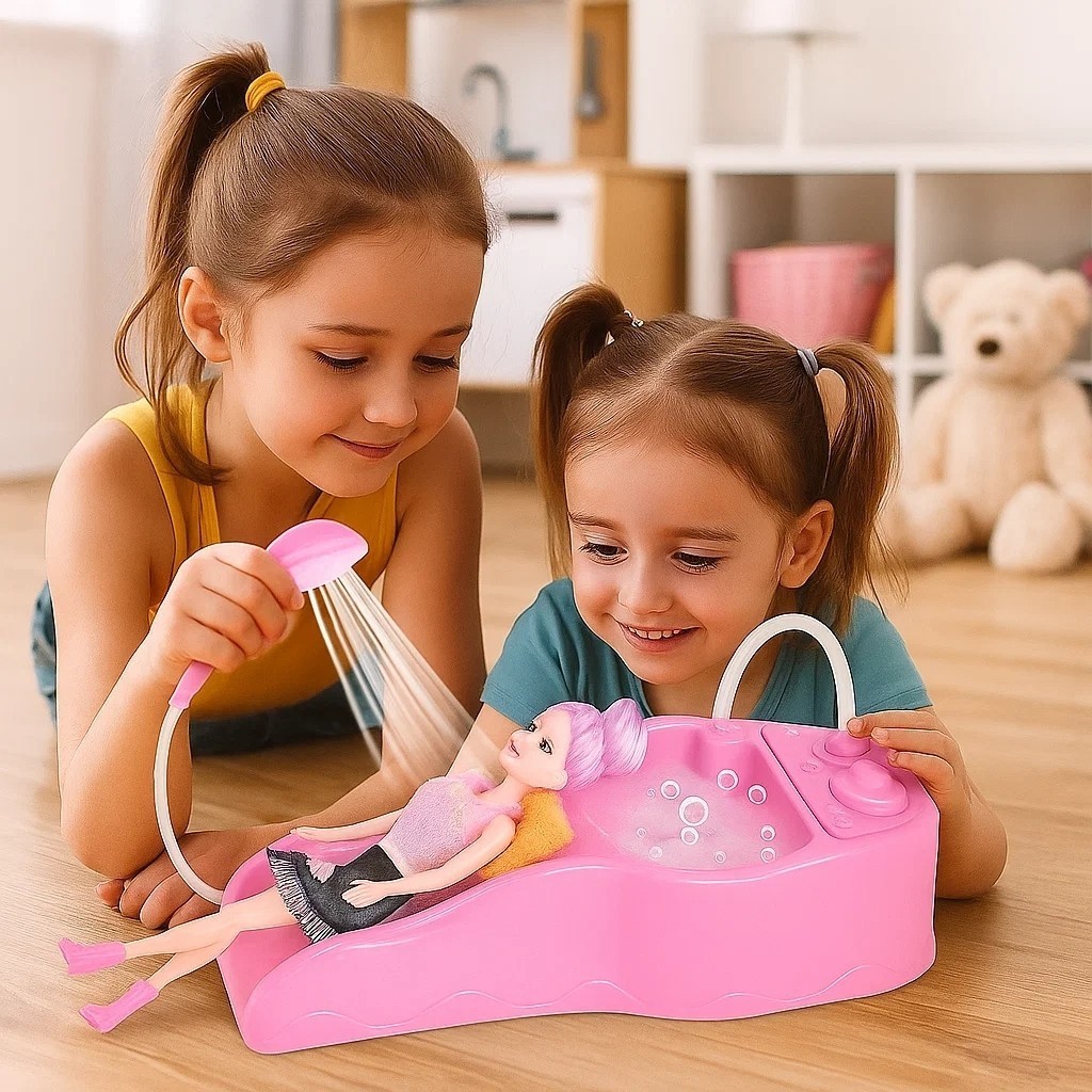 Kit Lavatório Boneca Salão Cabelereiro Rosa Chuveirinho Presente Barbie Banho Criança Banheira