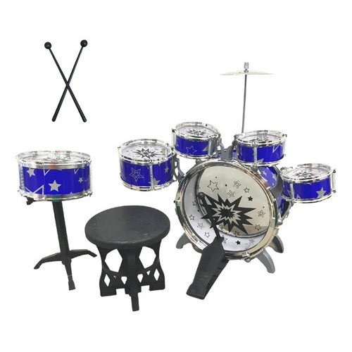Bateria Infantil Musical Azul Com Banquinho Completa Estimula Coordenação Motora Criatividade e Ritmo Musical