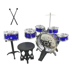 Bateria Infantil Musical Azul Com Banquinho Completa Estimula Coordenação Motora Criatividade e Ritmo Musical