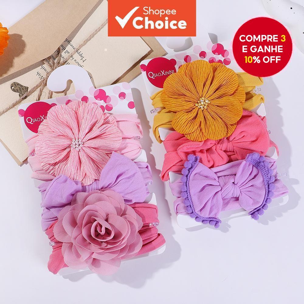 Conjunto De 3 Faixas De Cabelo Grande Com Flor Para Meninas Bebês - Acessórios De Cabelo Em Algodão Com Laço E Turbante