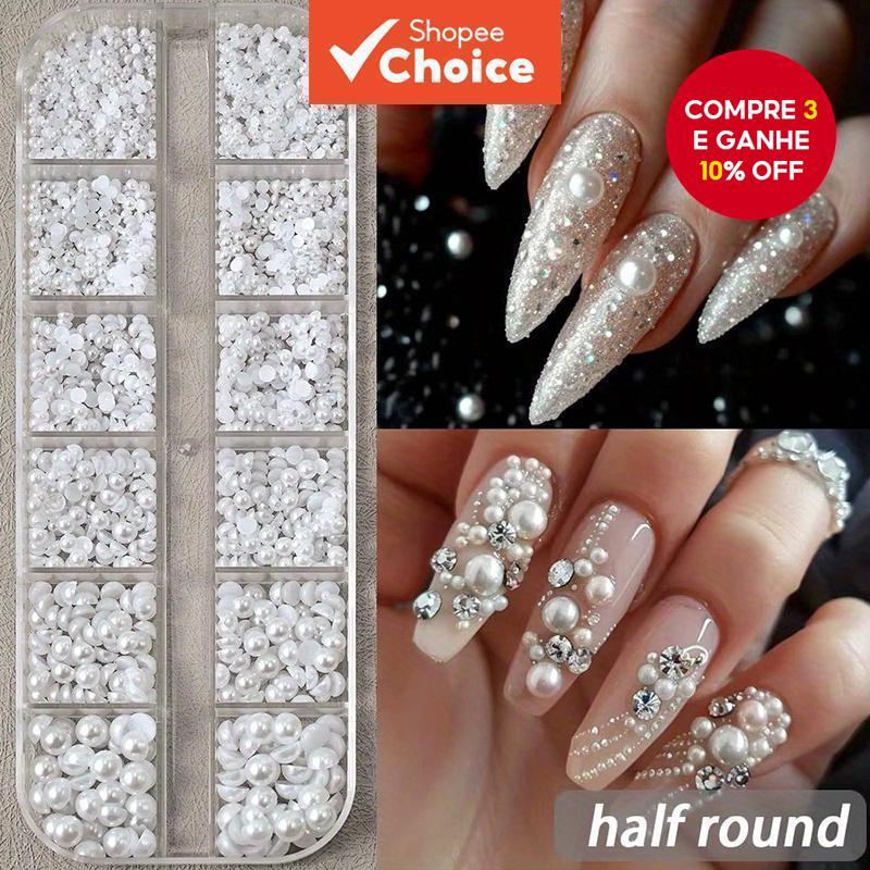  Kit-12 Grades 3D Pérolas Brancas para Unhas 1.5-5mm Meio-Redondas para Decoração de Unhas Acessórios para Manicure