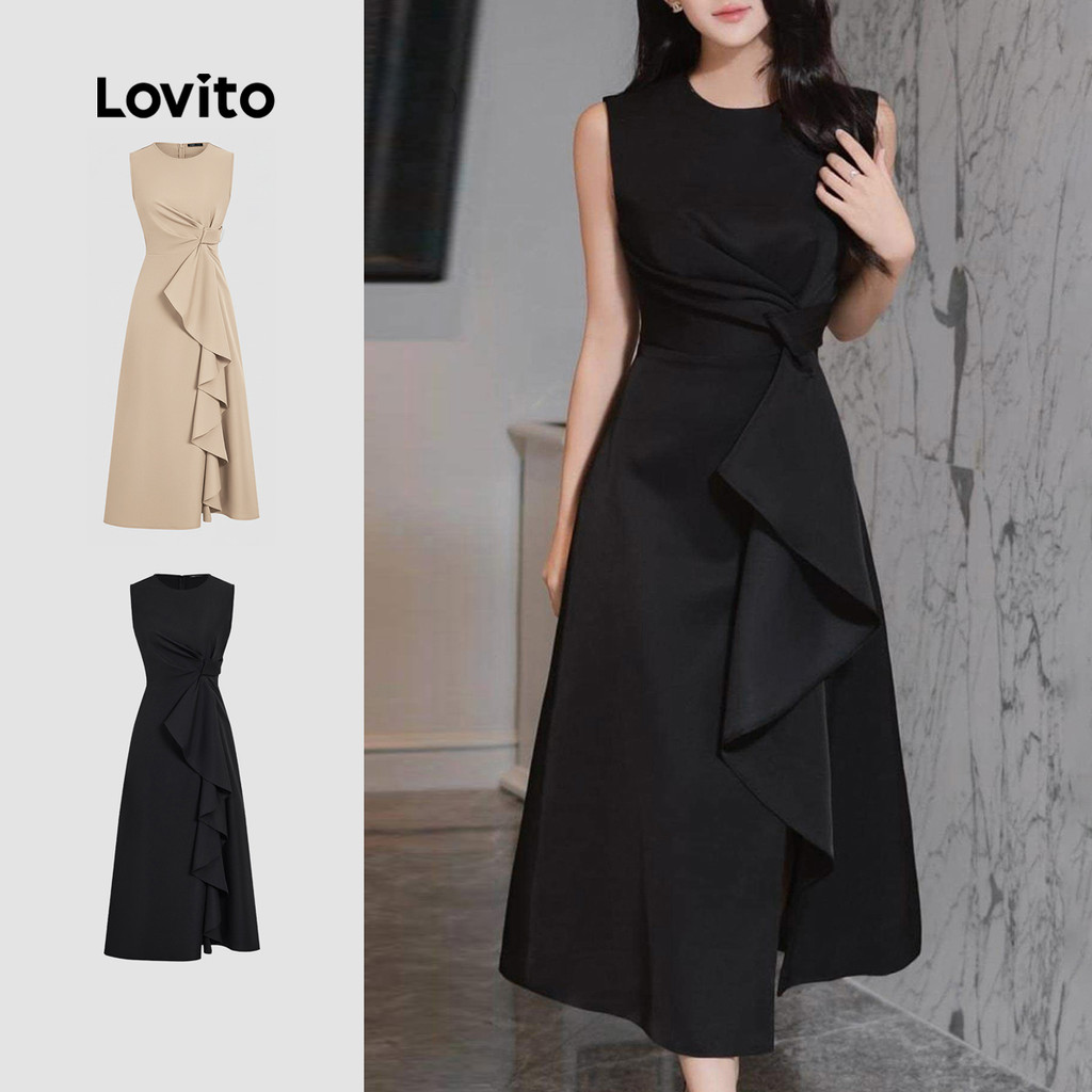 Lovito Vestido Elegante com Bordado de Carrapetações para Primavera/verão Preto para Mulheres L155ED1804 em Oferta na Shopee