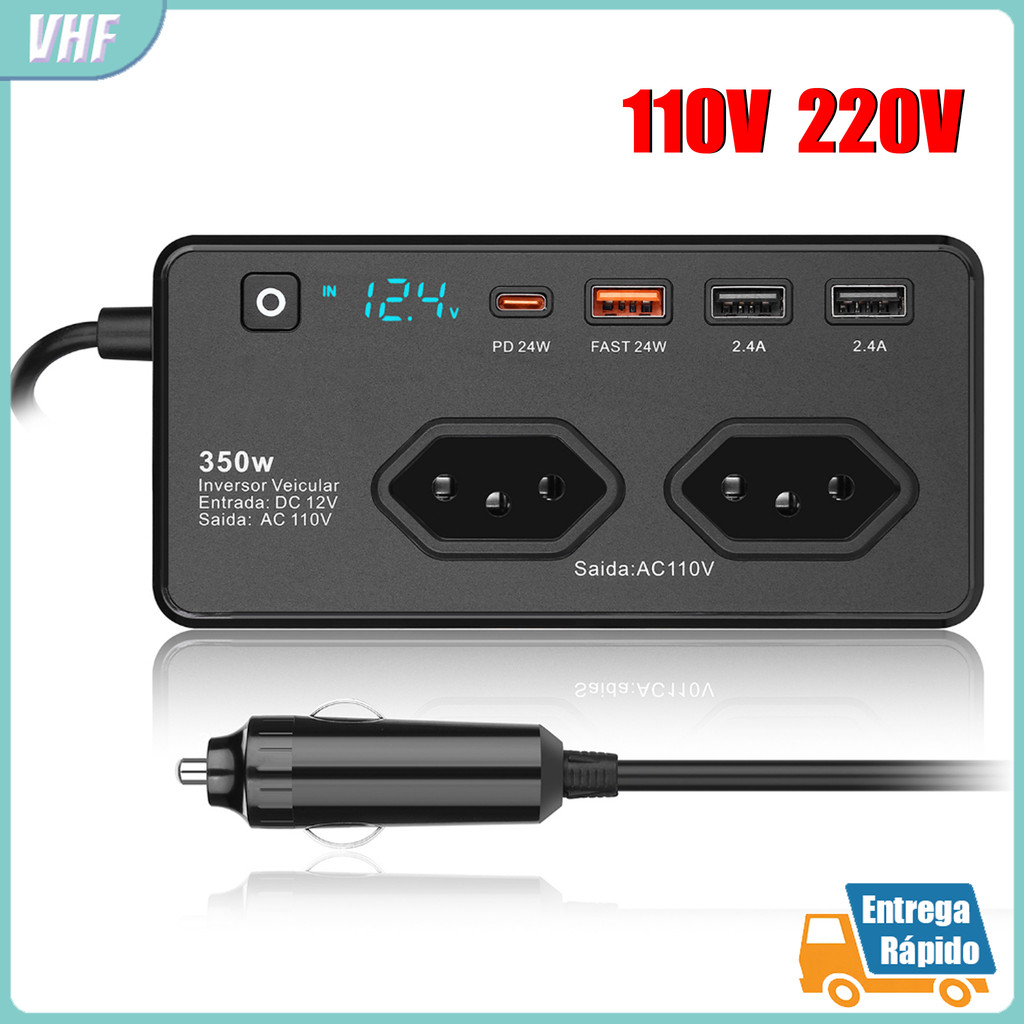 Inversor 350W 12V para 110V com USB Turbo e USB-C, Inversor Veicular MultiCar HREBOS IF-378