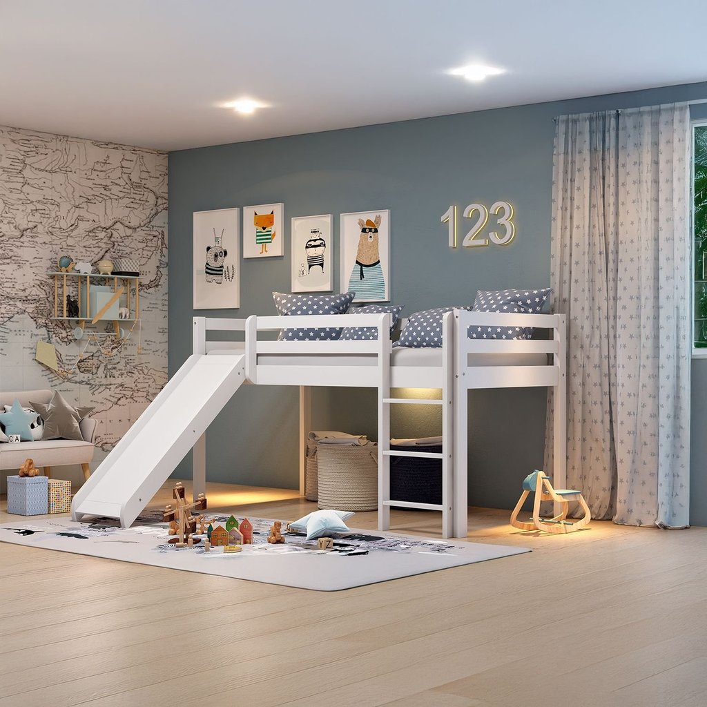Cama Alta Infantil com Escorregador em Madeira Maciça/MDF Branco