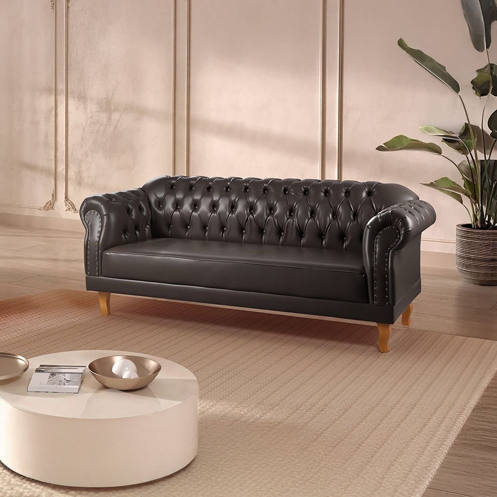 Sofá Chesterfield Clássico 3 Lugares Couro Sintético Preto Duque 200cm Yescasa Preto
