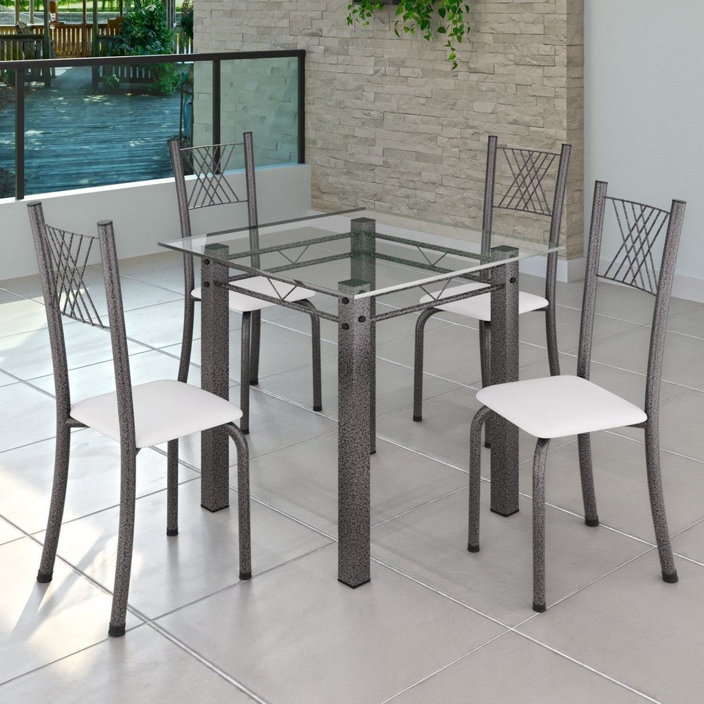 Conjunto de Jantar Mesa 75x75cm Tampo de Vidro Incolor com 4 Cadeiras Sara Yescasa Prata/Branco Liso/Mart Branco/Prata