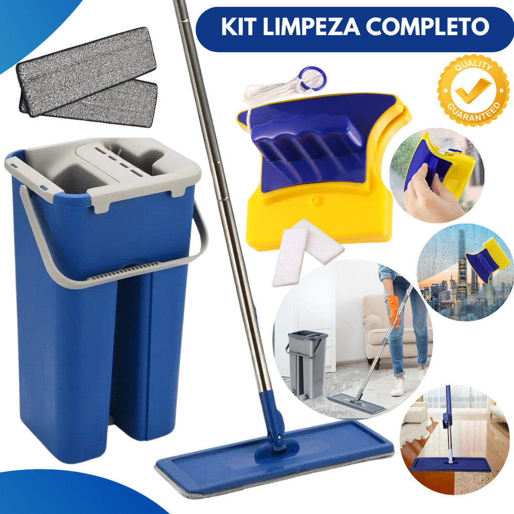 MOP Flat Rodo Limpeza Completa Balde Lava e Seca + Limpador Magnético Vidros Janelas Faxina Completa