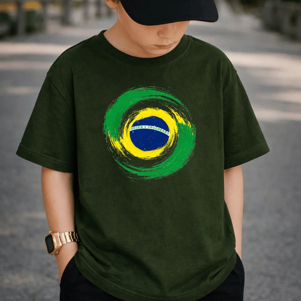 Camiseta Infantil e Juvenil 100% Algodão Premium Criança Personalizada Unissex Blusa Camisa Brasil Copa Do Mundo Redondo