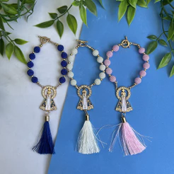 Terço Dezena para carro de Nossa Senhora Aparecida nas cores Azul, Branco e Rosa