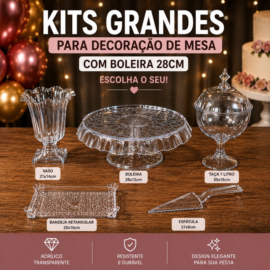 Kit Decoração de Mesa Cristal Grande Para Festas Boleira Espátula Vaso Taça Bandeja Transparente