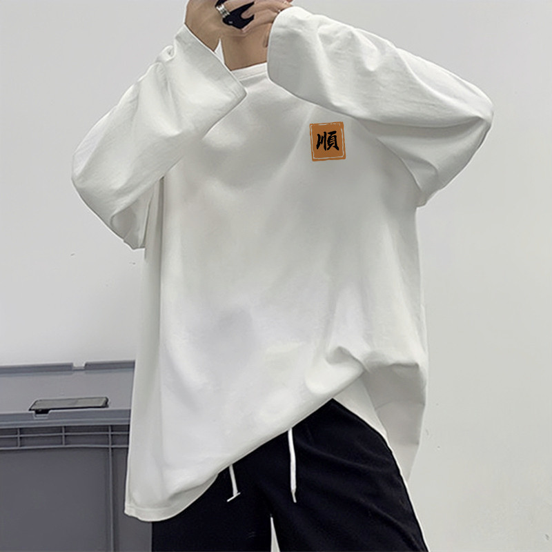 Camiseta de manga comprida masculina algodão puro americano Retro na moda ins primavera outono moda impressa casal inter