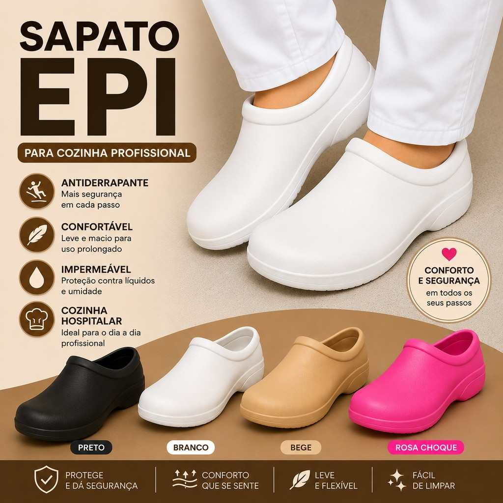 Sapato EPI antiderrapante impermeável enfermagem cozinha hospital confortável do 34 ao 43