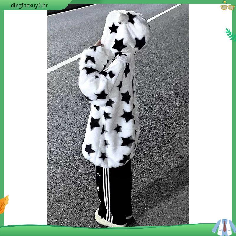 Casaco teddy sobretudo importado estampado estrela longo dupla face reversível lã com bolso e capuz A403