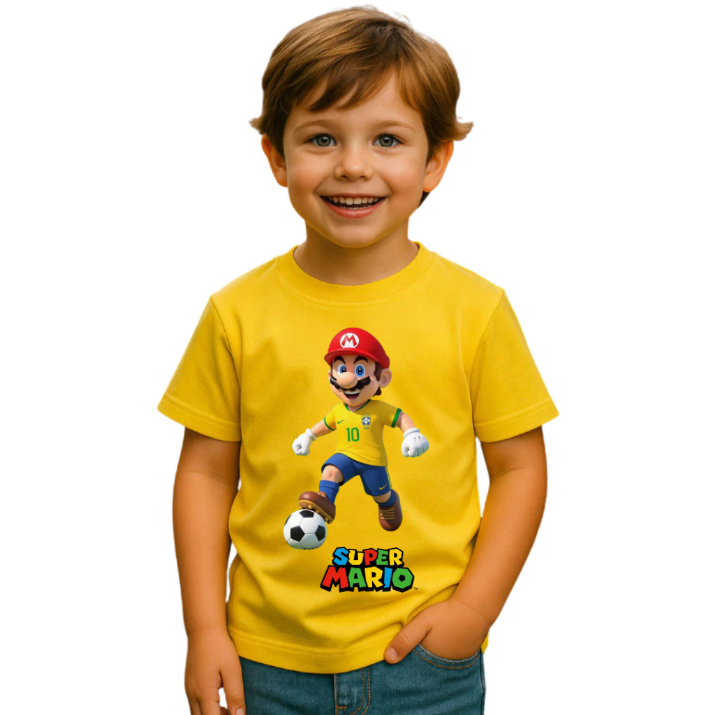 Camiseta Infantil Super Mario Brasil Futebol Camisa Criança  Personagem Gamer