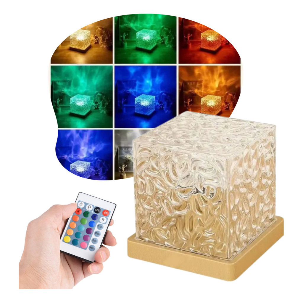 Luminária Cristal Led Cubo 16cores Projeção Efeito Ondas Mar