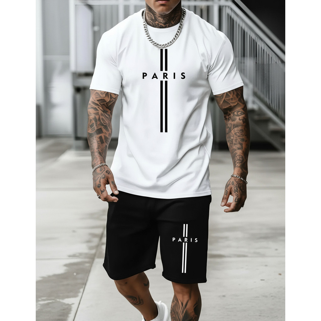 Kit Camiseta Masculina + Short Moletom Modelo Paris Cruz Kit Para Treino Camisa e Short