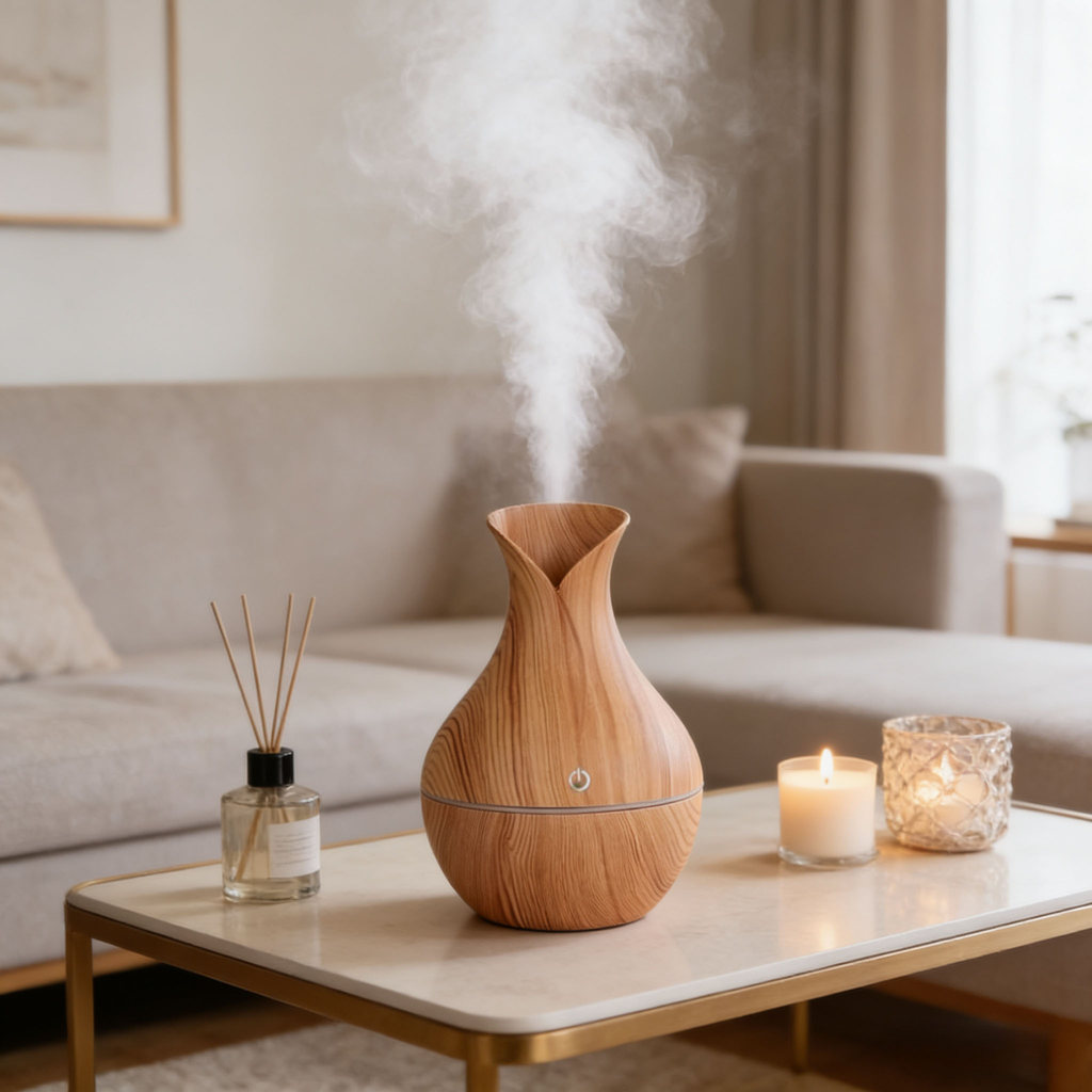 Umidificador Ultrassônico USB Design Tulipa de Madeira com Luz LED - Decorativo Silencioso para Ambientes Pequenos