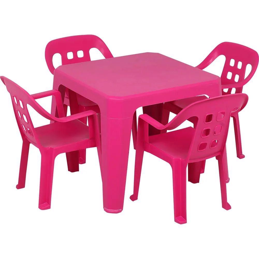 Mesa Play Infantil 61 x 46cm Rosa com 4 Cadeiras de Plástico Infantil Rosa BEL