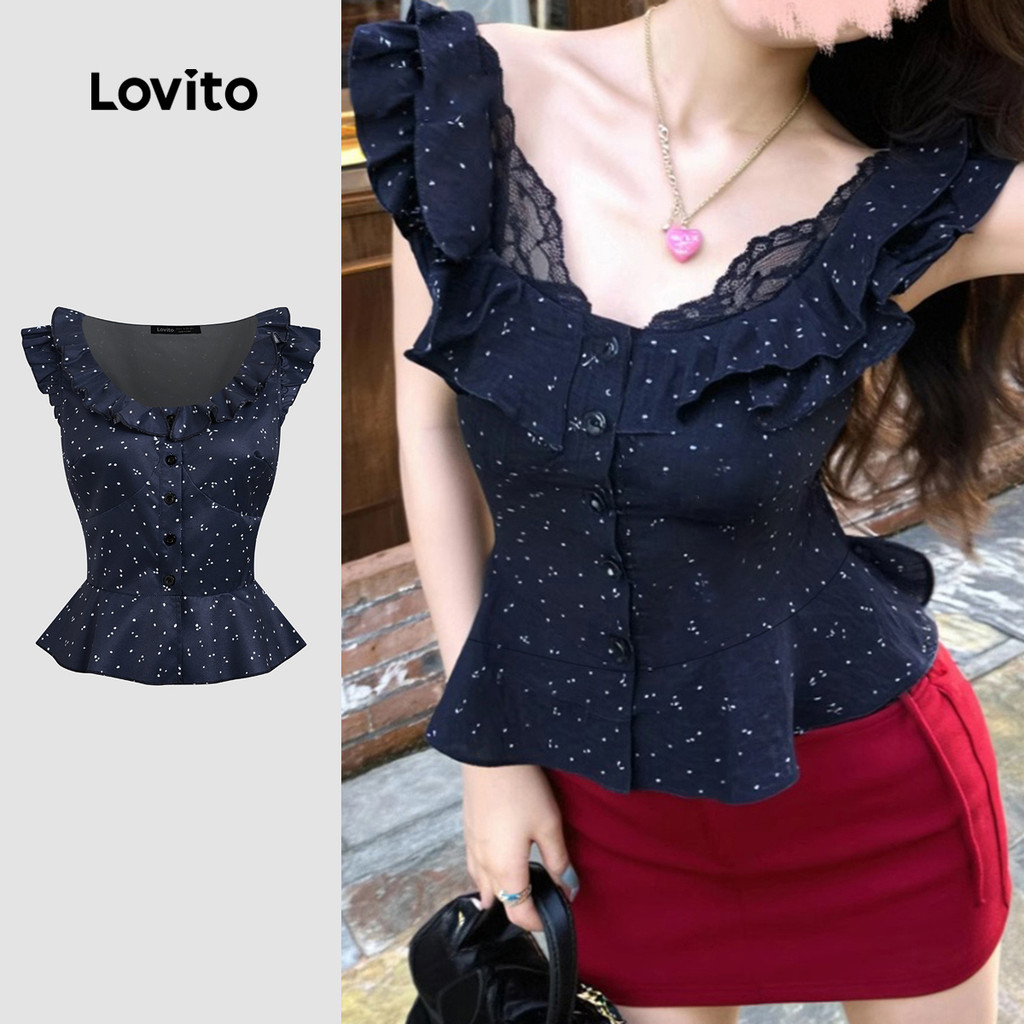 Lovito Blusa Casual de Botão Primavera/verão Blusa Azul Escura para Mulheres L157LD227