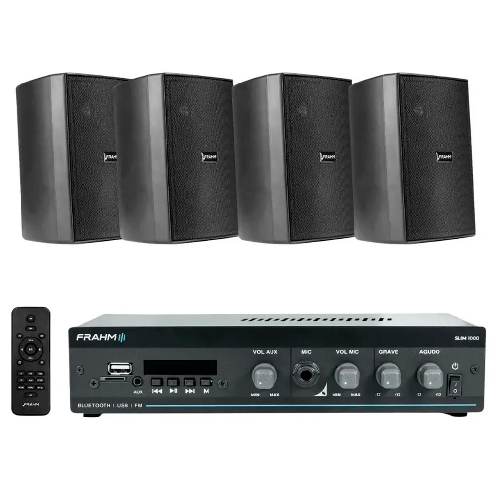 Kit Amplificador Receiver SLIM 1000 G5 + 4 Caixas PS 200 Preta Frahm